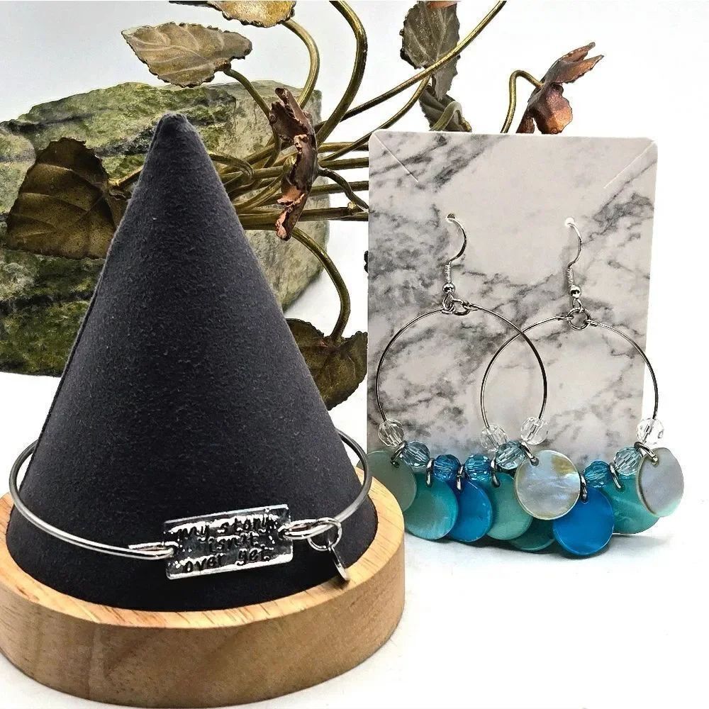 "5/$40" Inspirational Bangle Bracelet/Turquoise Shell Mixed Metal Earrings Set